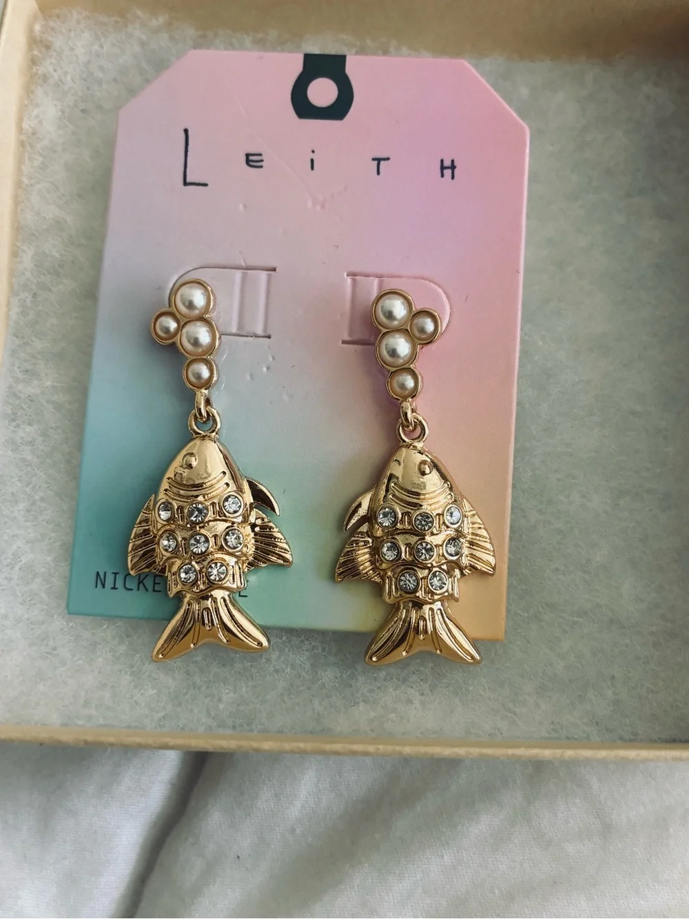Leith Gold Fish Drop Earrings with Pearl & Crystal Accents